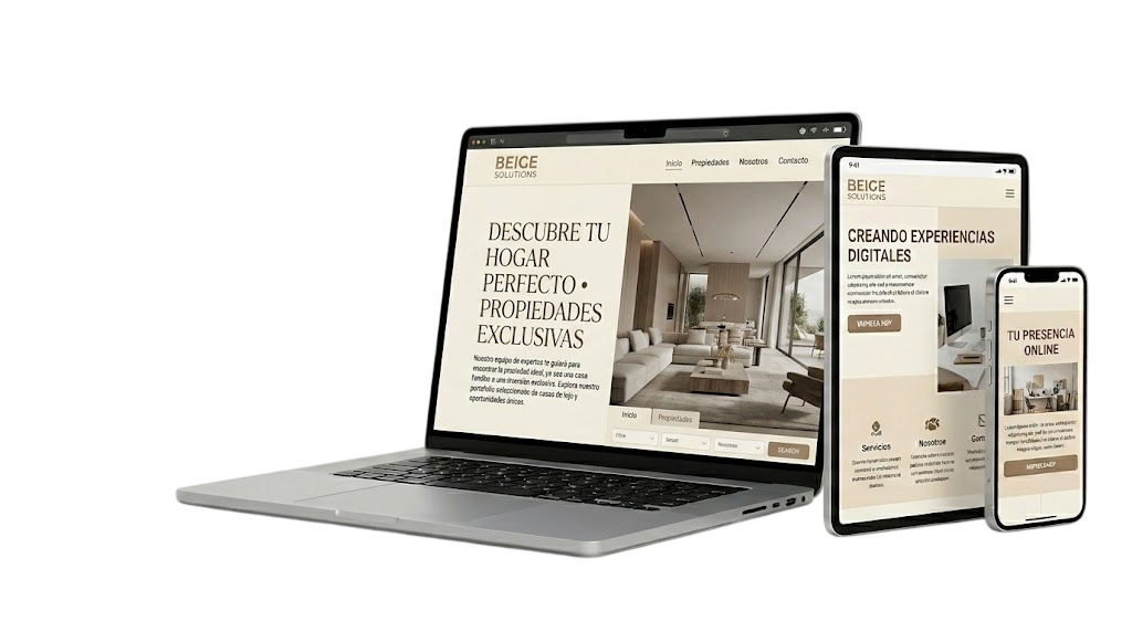 Sitio web inmobiliario visualizado en notebook, tablet y celular